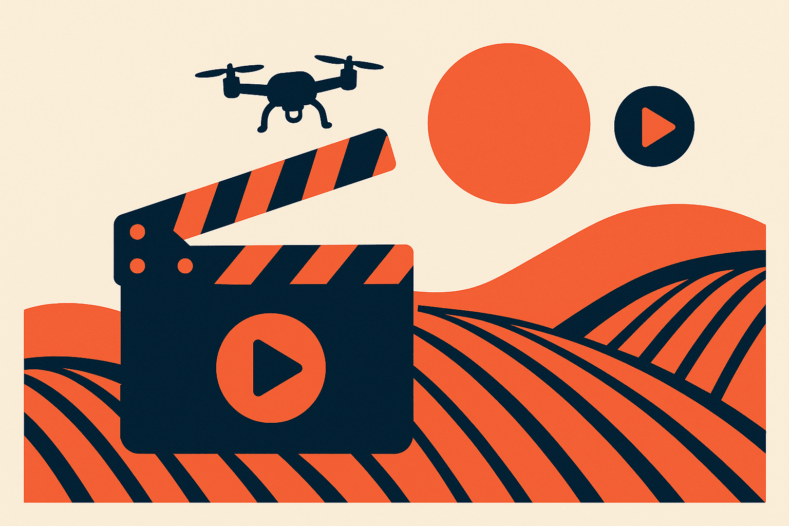 Ilustración de generación de vídeo con IA: claqueta, dron y paisaje