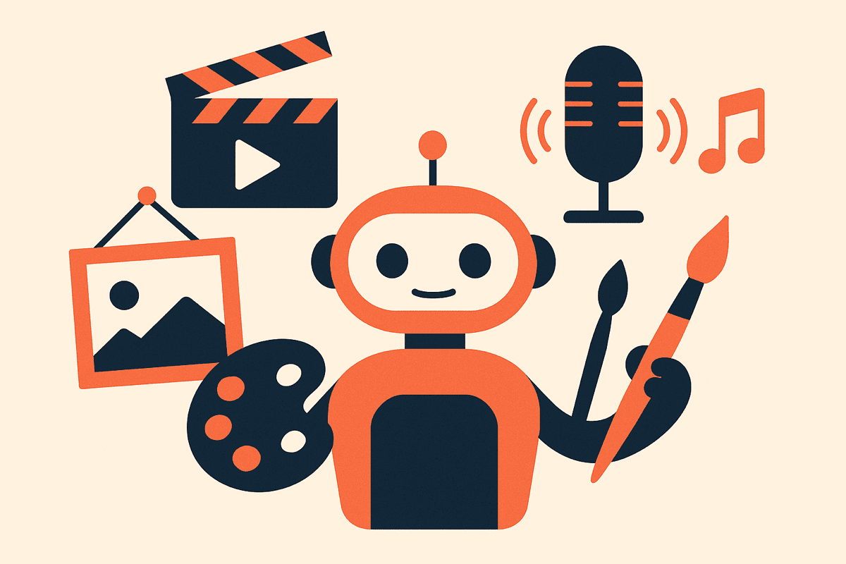 Ilustración de un agente IA generando imágenes, vídeo, voz y audio