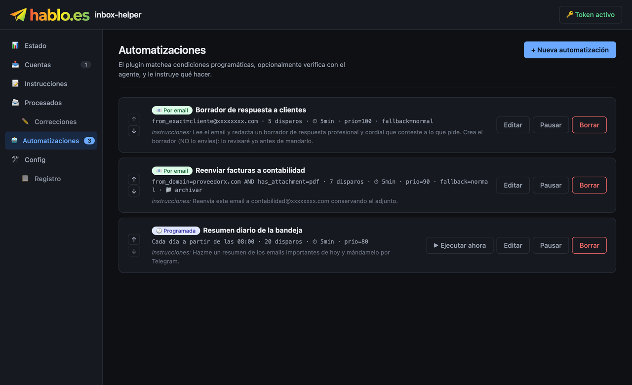 Pestaña «Automatizaciones» — cada regla con sus condiciones, instrucciones y prioridad. Reordénalas con las flechas ↑↓.