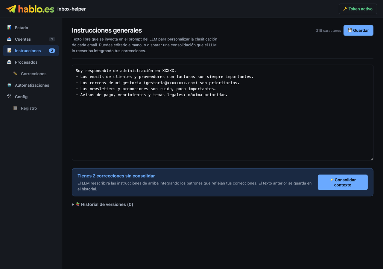 Pestaña «Instrucciones» — tu contexto en lenguaje normal. El plugin lo usa para puntuar cada email de 0 a 10.