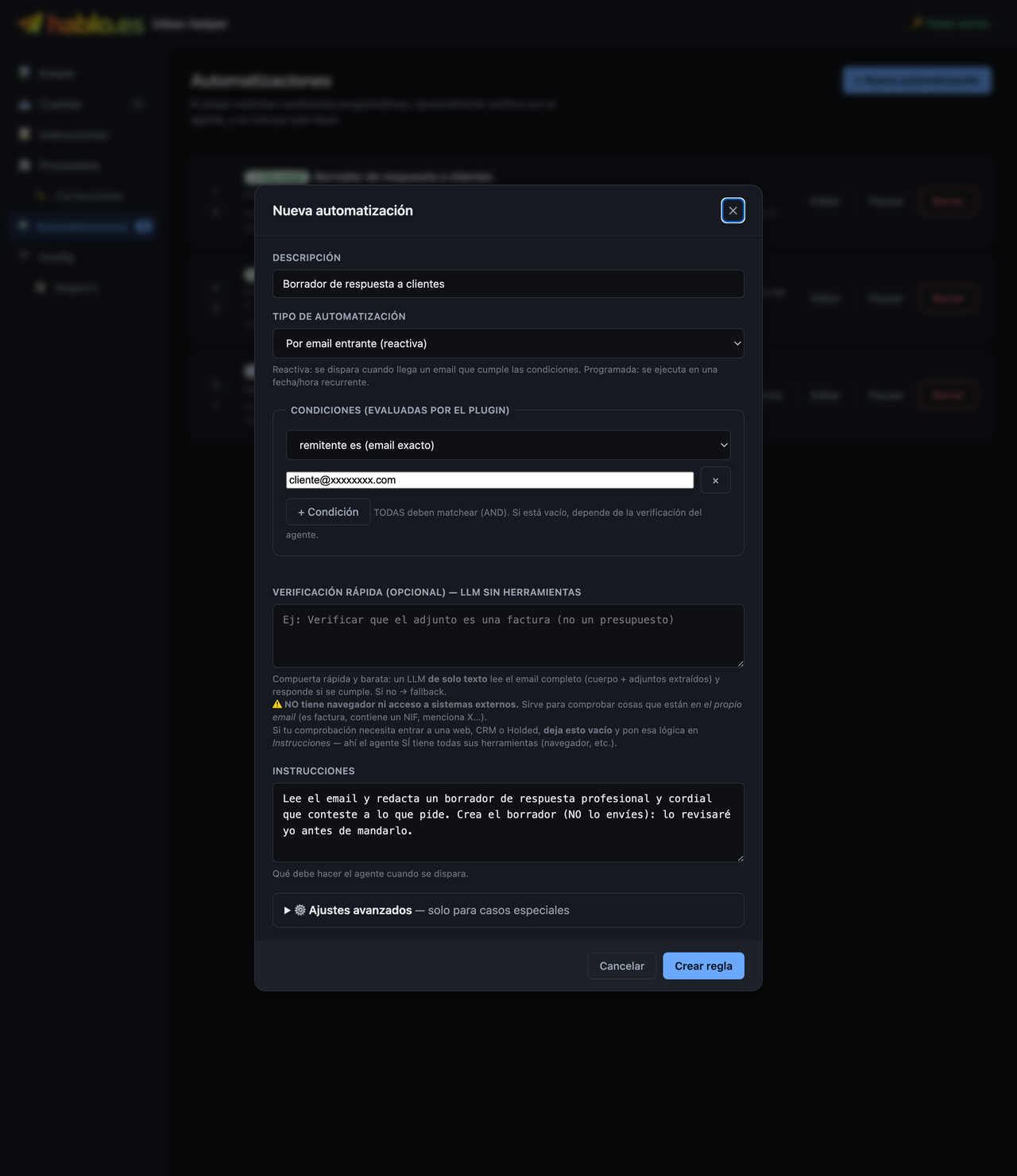 «Nueva automatización» — descripción, condición por remitente e instrucciones en lenguaje normal.