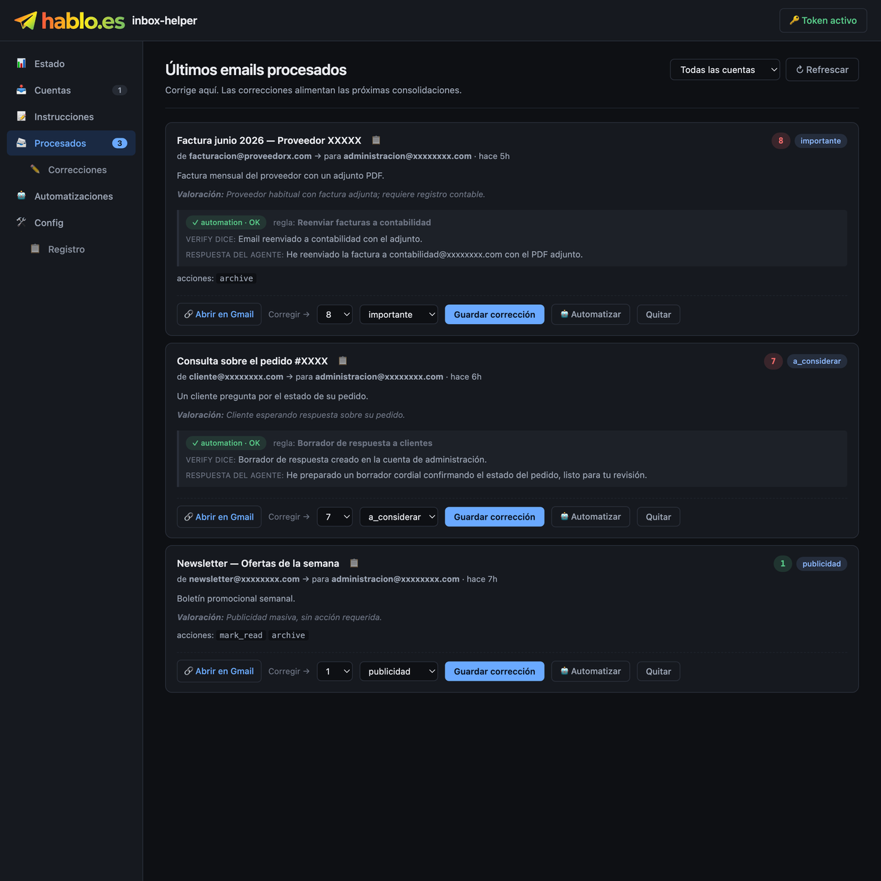 Pestaña «Procesados» — cada email con su puntuación, categoría y, si una automatización actuó, su resultado.